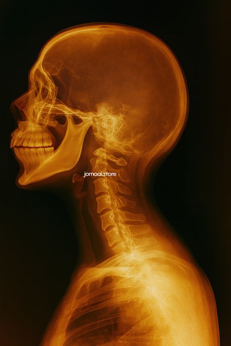 X-ray scan of human head and upper torso in warm tones