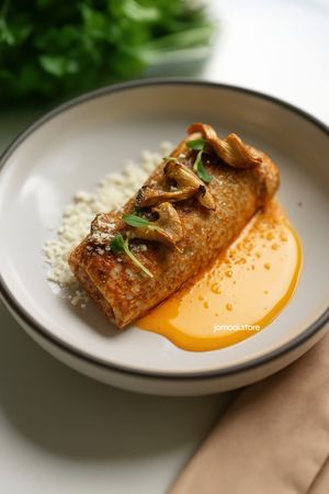 Gourmet Crepe With Mushrooms And Cheese Crumble