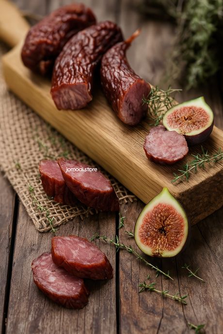 Rustic Charcuterie Still Life With Figs And Smoked Sausage