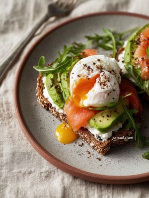Avocado toast with poached egg and salmon 
