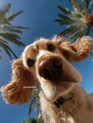 Funny and Curious Golden Dog Close-Up with Palm Trees and Blue Sky