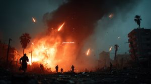 Urban chaos under missile strike with people fleeing