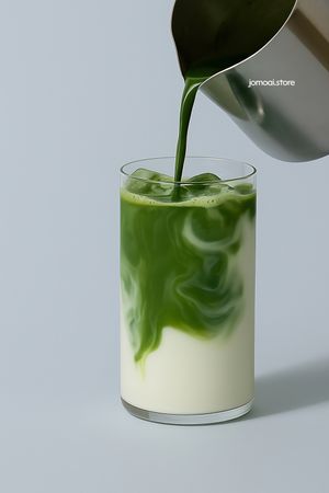 Pouring iced matcha latte with milk in clear glass