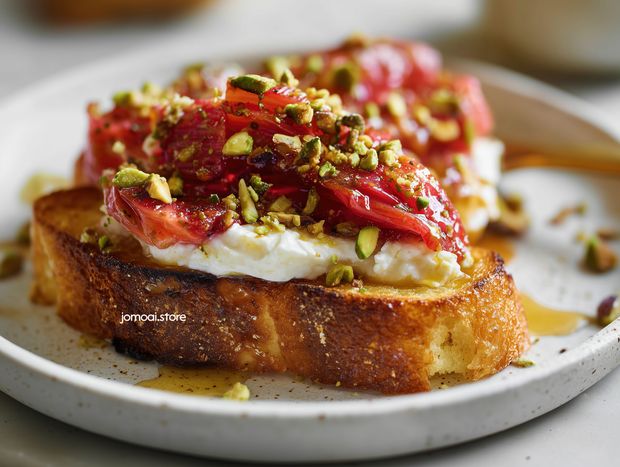Toasted Brioche With Rhubarb, Ricotta And Pistachios