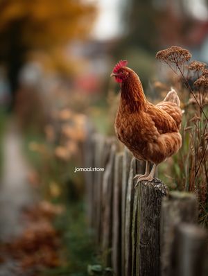Rustic Farmhouse Aesthetic Hen on Fence – Farm Cottage Scene