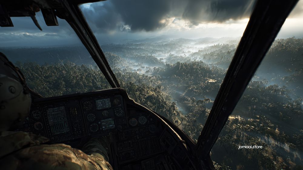 Helicopter Cockpit View Over Misty Jungle in Rain