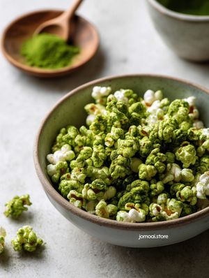 Matcha green tea popcorn in ceramic bowl