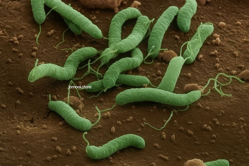 Colorized SEM Image of Helicobacter Pylori Bacteria Cluster on Stomach Lining