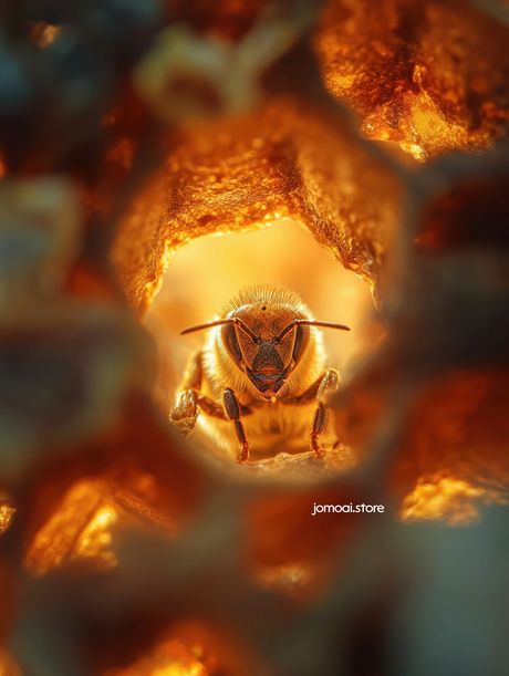 Macro View of Honeybee in Golden Hive – Rustic Farm Detail