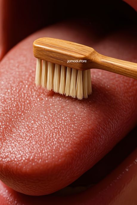 Wooden brush cleaning tongue macro shot