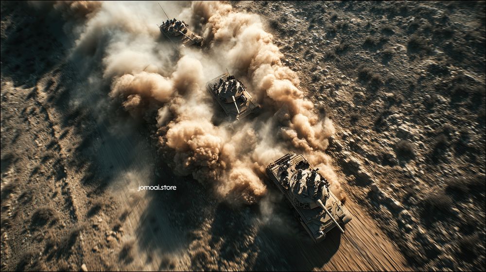 Fierce tank convoy charging through desert in formation