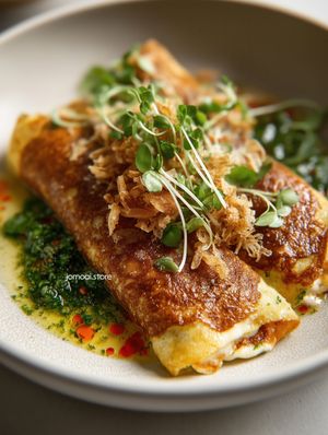 Golden Rolled Crepes With Creamy Filling And Herb Sauce