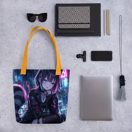 Cyber Neko City Nights&quot; All-Over Print Tote Bag