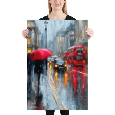 London Rain: Red Bus &amp; Umbrella Art Print by WHATAPRINT