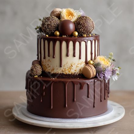 Gilded Decadence: 4 AI Digital Prints of a Two-Tier Chocolate Drip Cake