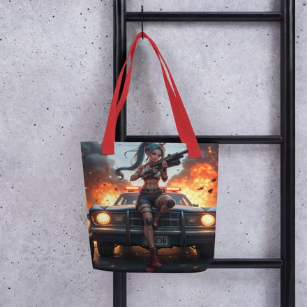 Chaos Queen - Anime Action Girl on Classic Car Premium All-Over Print Tote Bag