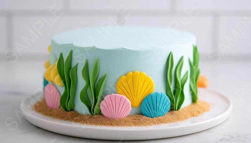 Ocean Bliss: 4 AI Digital Prints of a Simple Mermaid/Seashell Cake