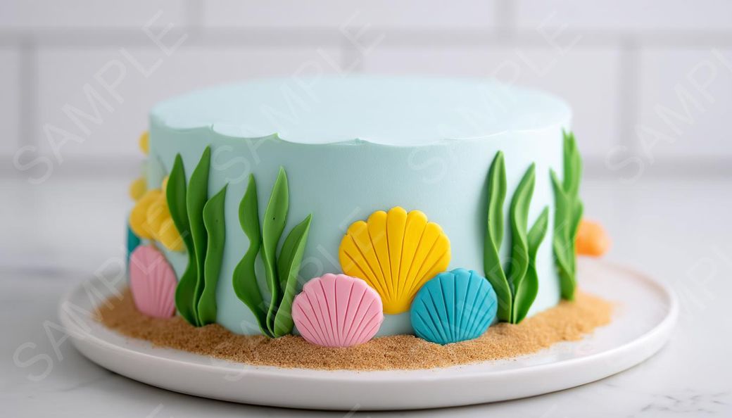 Ocean Bliss: 4 AI Digital Prints of a Simple Mermaid/Seashell Cake