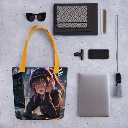 Critical Hit! Anime Gamer Girl &amp; Cat Premium All-Over Print Tote Bag