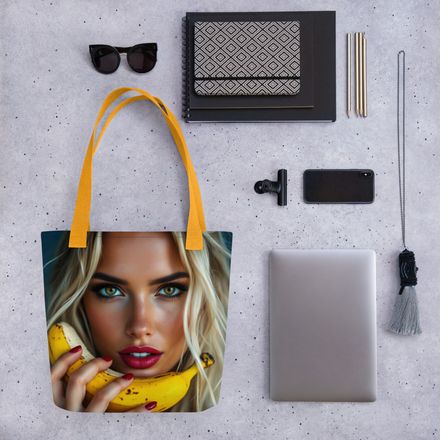 Golden Gaze &amp; Crimson Kiss - Pop Art Banana Beauty Premium All-Over Print Tote Bag