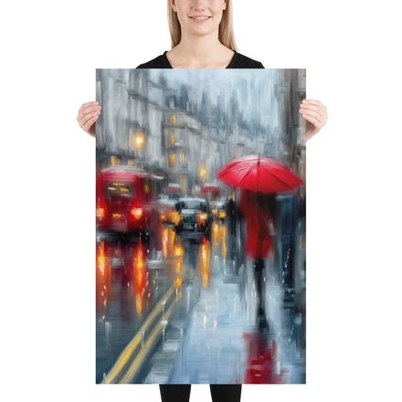 Rainy City Reflections: Red Umbrella Art Print by WHATAPRINT