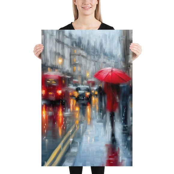 Rainy City Reflections: Red Umbrella Art Print by WHATAPRINT