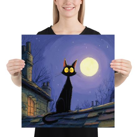 Whimsical Moonlit Cat Art Print by WHATAPRINT