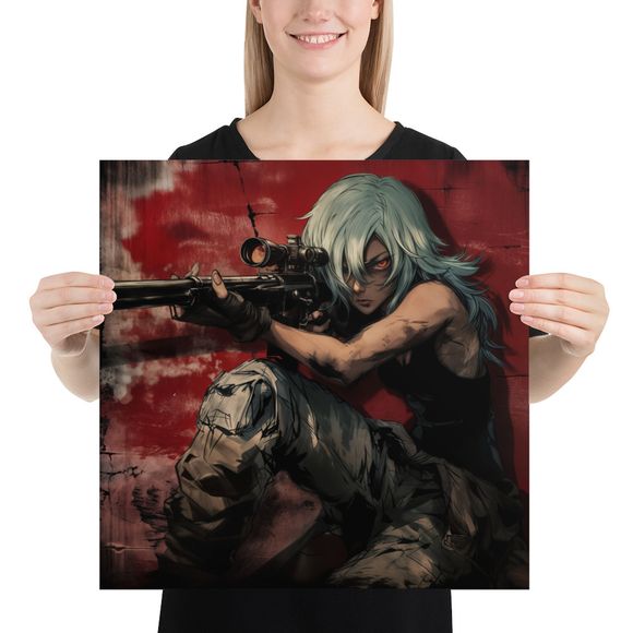 Red Wall Sniper: Gritty Anime Tactical Art Poster