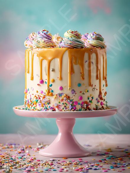 Party Time: 4 AI Digital Prints of a Colourful Confetti Drip Cake