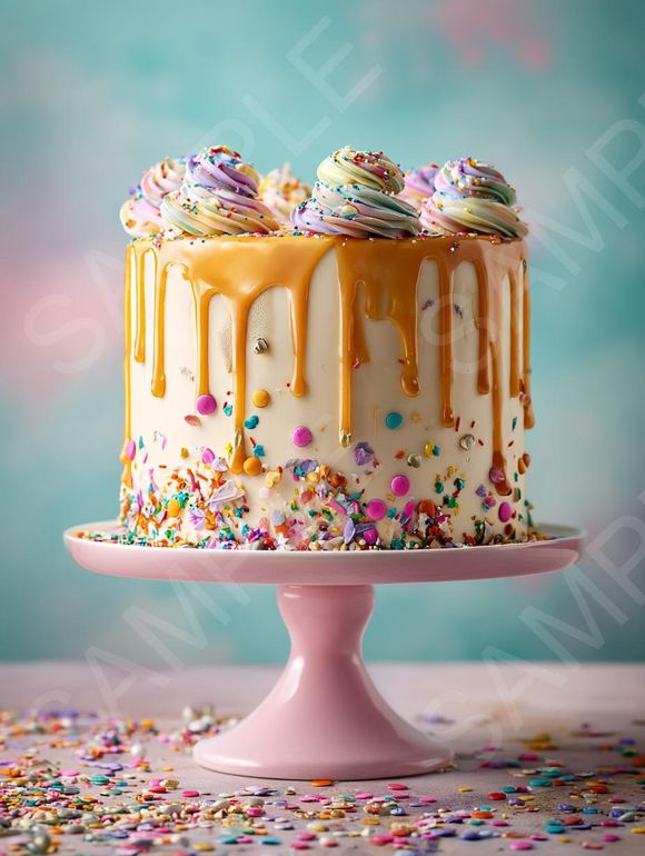 Party Time: 4 AI Digital Prints of a Colourful Confetti Drip Cake