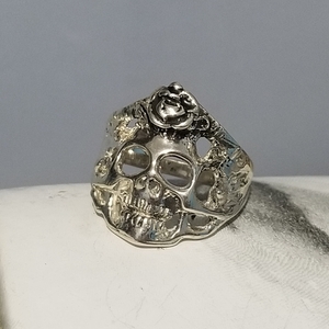 Sterling Silver Skull Ring with rose, Vintage Gothic Biker Skull Head Ring, Gothic Style 