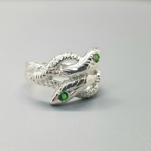 Snake ring with two snakes intwined, stone on top of heads, sterling silver 