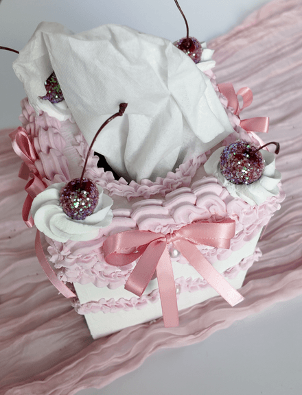 Faux Cake Tissue Box Cover | White with Iridescent Cherries 