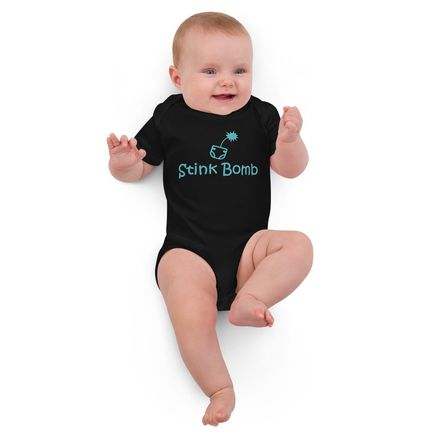 Stink Bomb Organic Cotton Onesie Aqua Letters