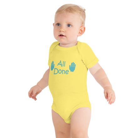 All Done Short Sleeve Onsie Aqua Letters