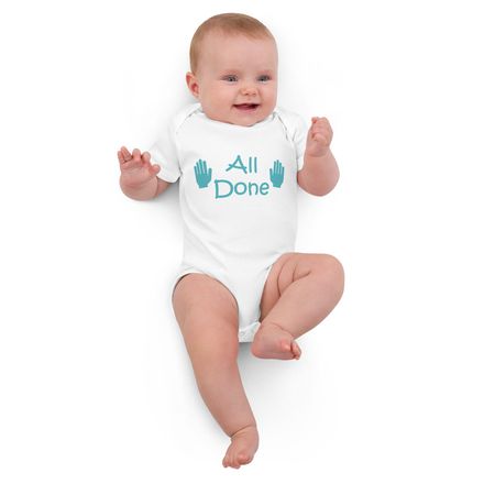 All Done Organic Onesie Aqua Letters