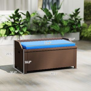 Brown Wicker Storage Bench with Blue Cushion