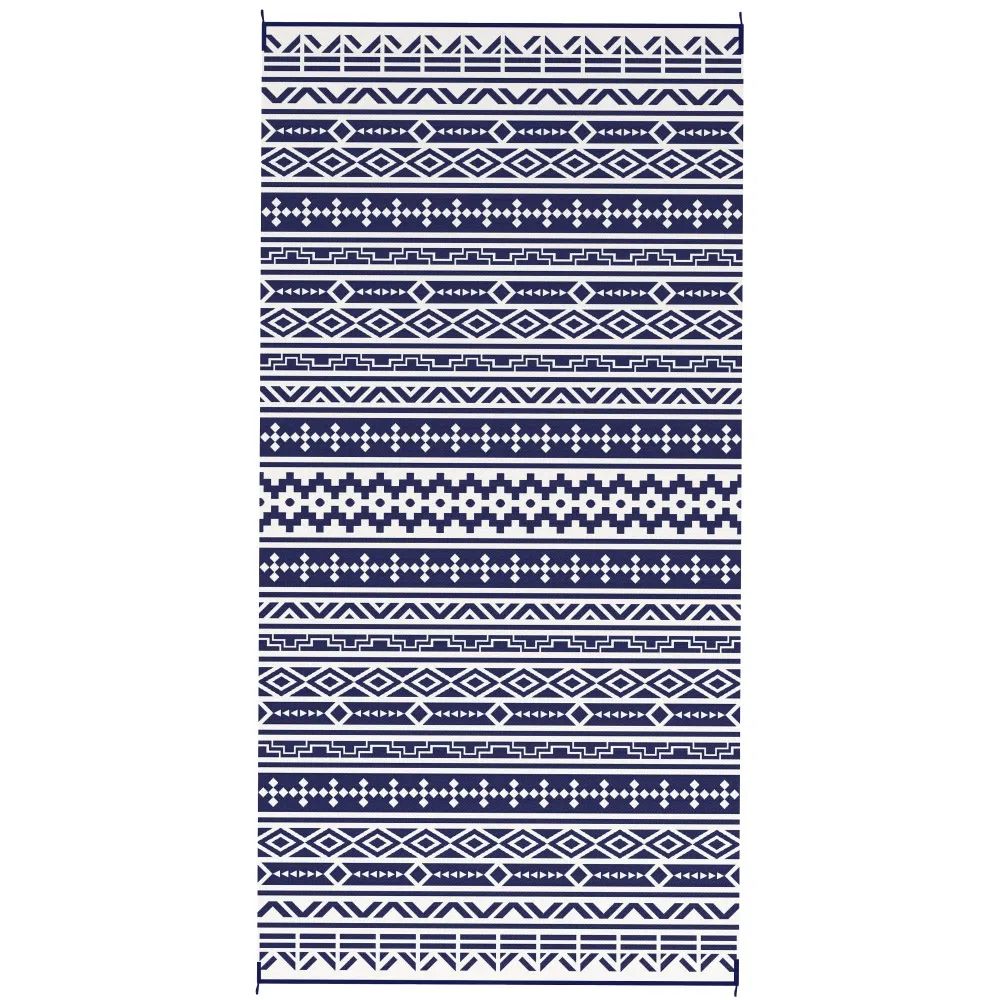 Blue and white geometric outdoor rug