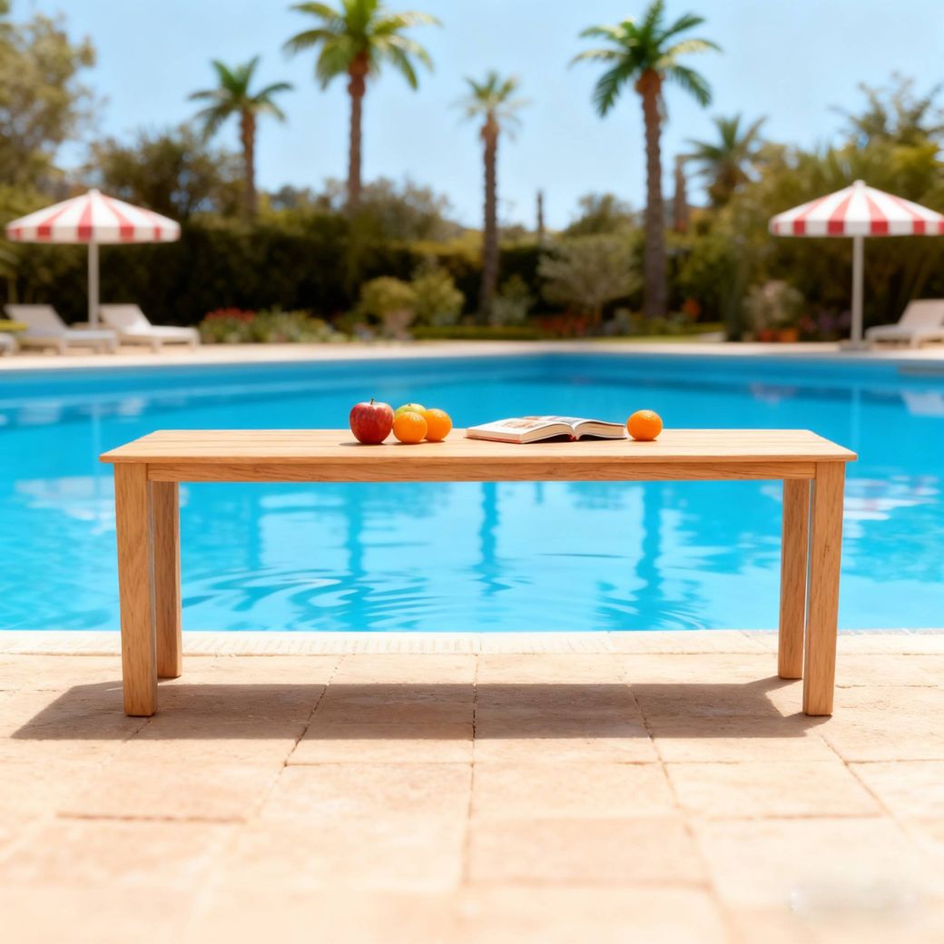 Teak look HIPS dining table beside a pool