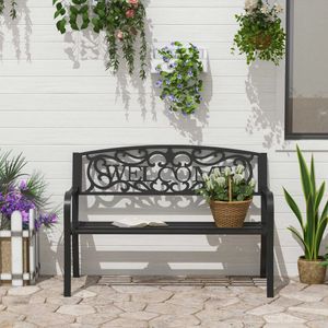 Black Tubular Steel Outdoor Bench with Cast-Iron Style Backrest