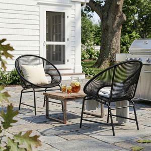 Black PE Rattan Patio Chairs with Iron Frames, Set of 2