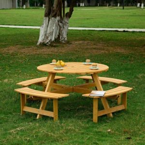 Natural Wood Round Picnic Table with 4 Built-In Benches