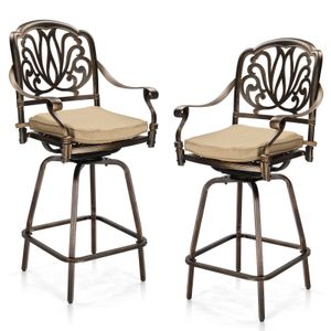 Bronze Swivel Patio Bar Stools with Beige Cushions, Set of 2