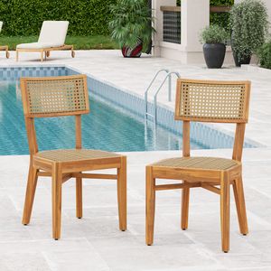 Acacia and Plastic Rattan Outdoor Dining Chairs, Set of 2