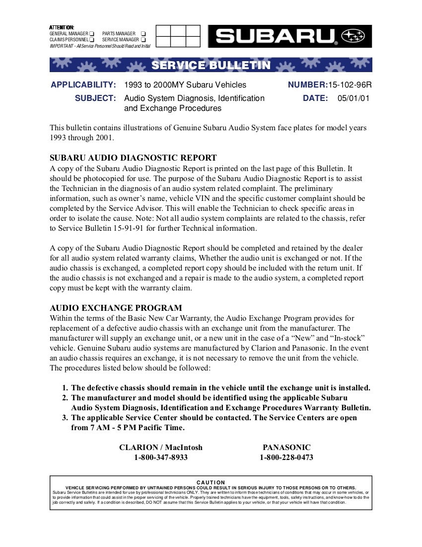 Service Bulletins Subaru Legacy II 1995 English