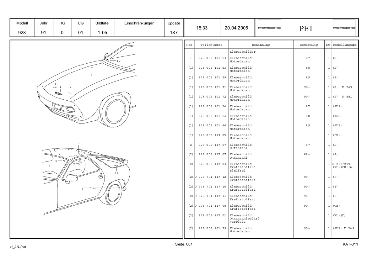 Parts Catalogue Porsche 928 1991 German