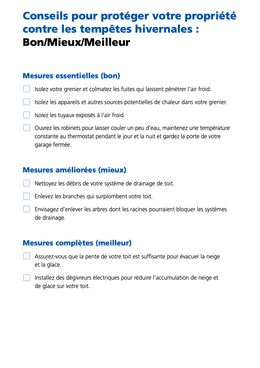 Conseils pour protéger votre propriété contre les tempêtes hivernales : Bon/Mieux/Meilleur