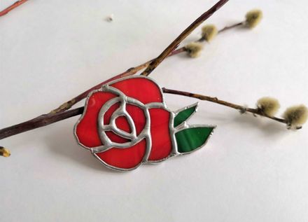 Stained Glass Brooch Red Rose. Tiffany technique. Colored glass