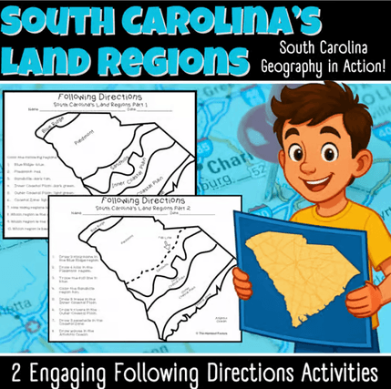 South Carolina Land Regions | Following Directions | Map Activities | Geography | Grades 2-5