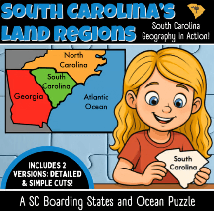 South Carolina&#x27;s Bordering States and Ocean Puzzle | Geography | Map Skills | Grades 2-5